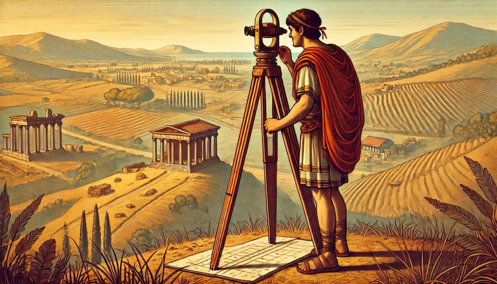 un agrimensor romano midiendo terrenos con un groma, en un estilo grecorromano.
