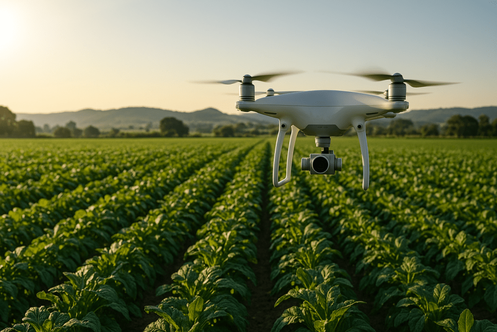 Drone sobrevolando cultivo en Colombia capturando imágenes para agricultura de precisión con topografía aérea.