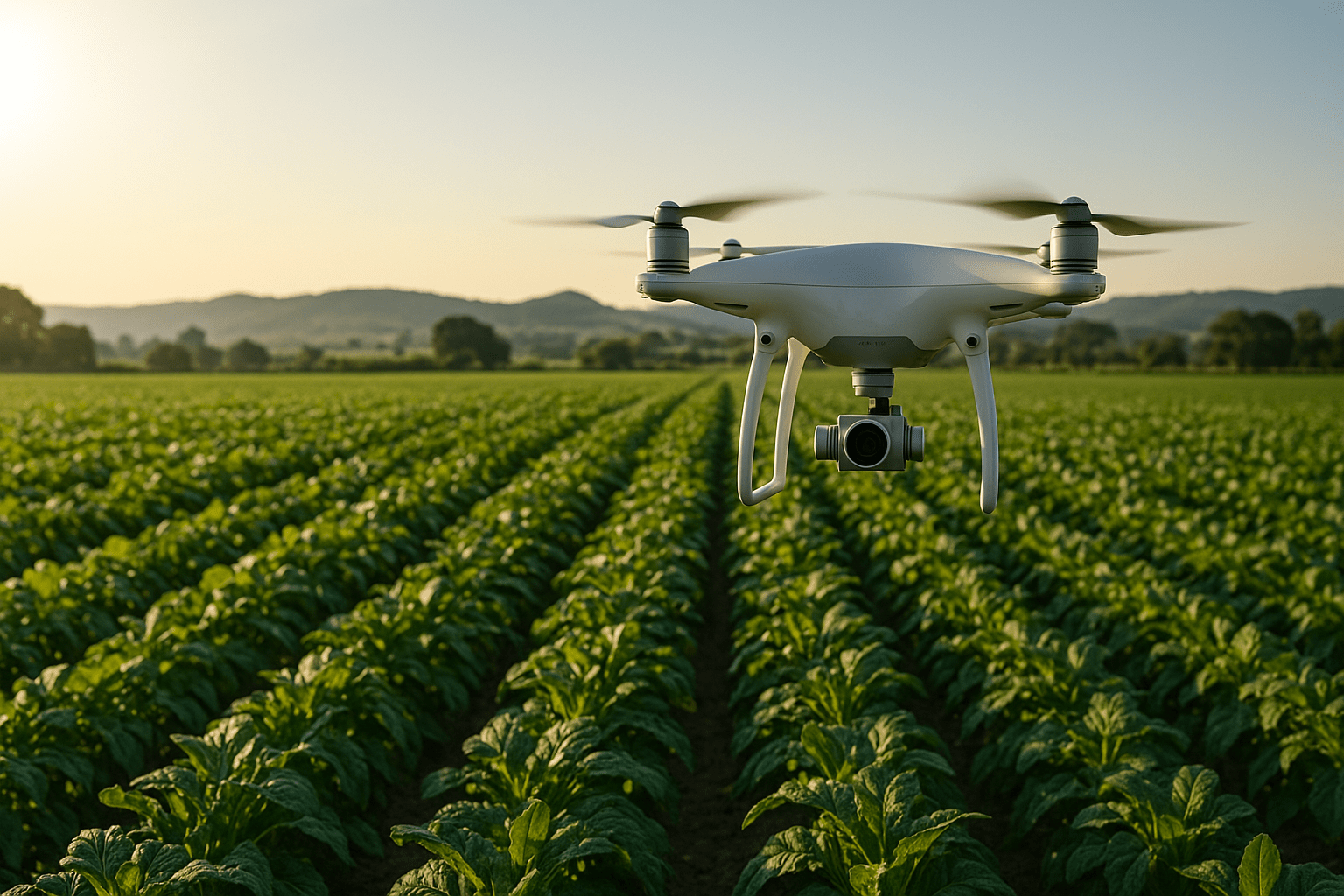 Drone sobrevolando cultivo en Colombia capturando imágenes para agricultura de precisión con topografía aérea.
